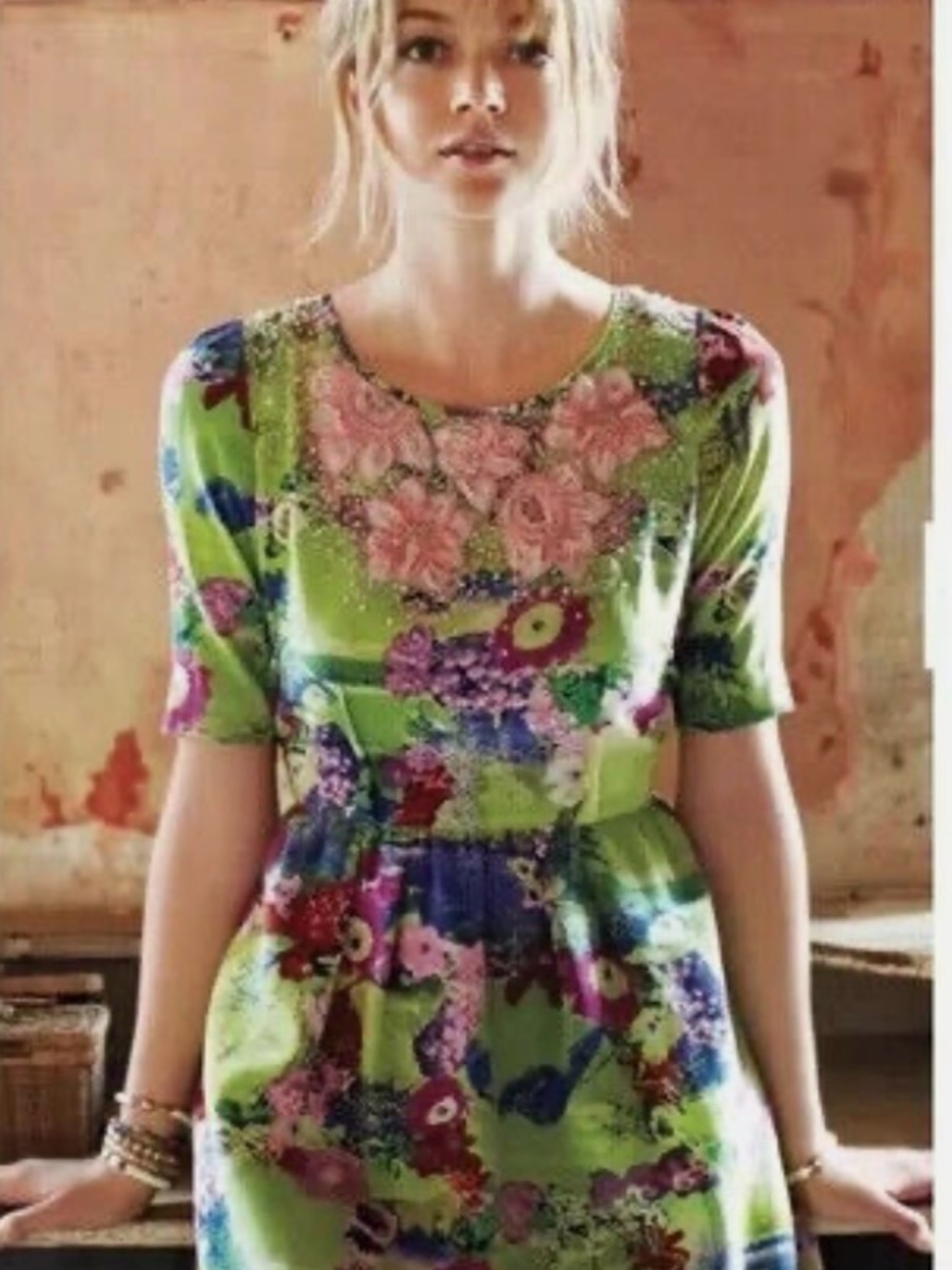 Anthropologie - Peter Som - Silk Lime Green Floral Embroidered Tunic